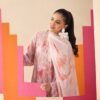 Coral Bloom Embroidered Lawn Ensemble dupatta in coral and rose watercolor print