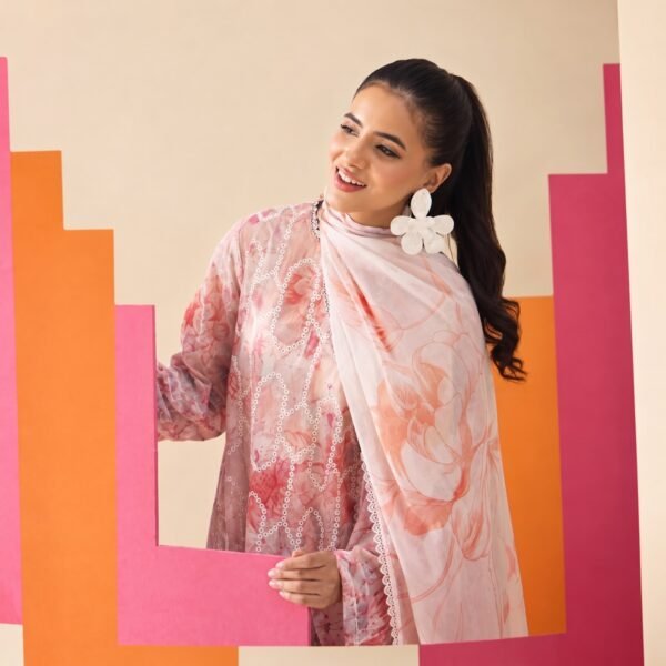 Coral Bloom Embroidered Lawn Ensemble dupatta in coral and rose watercolor print