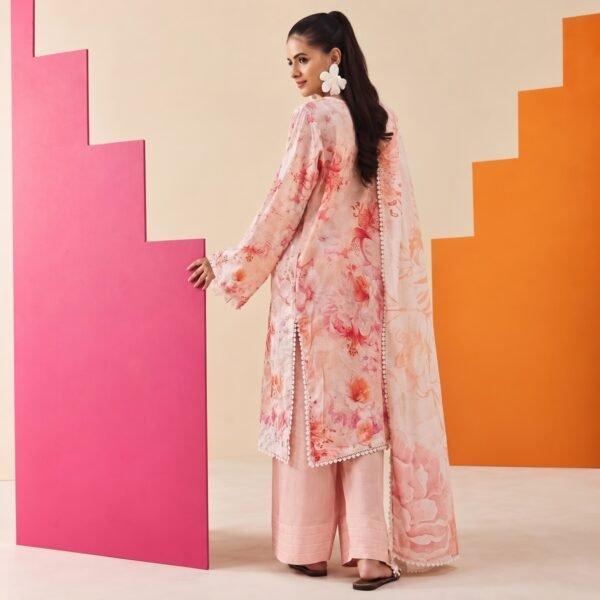 Coral Bloom Embroidered Lawn Ensemble shirt detail with schiffli lattice embroidery