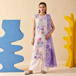 Embroidered lawn suit in lilac with floral prints and lace trim - ChicZiba