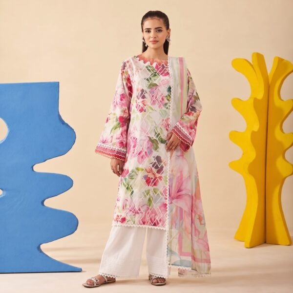 Peony Blush summer lawn ensemble - printed voile dupatta and cambric trouser styling
