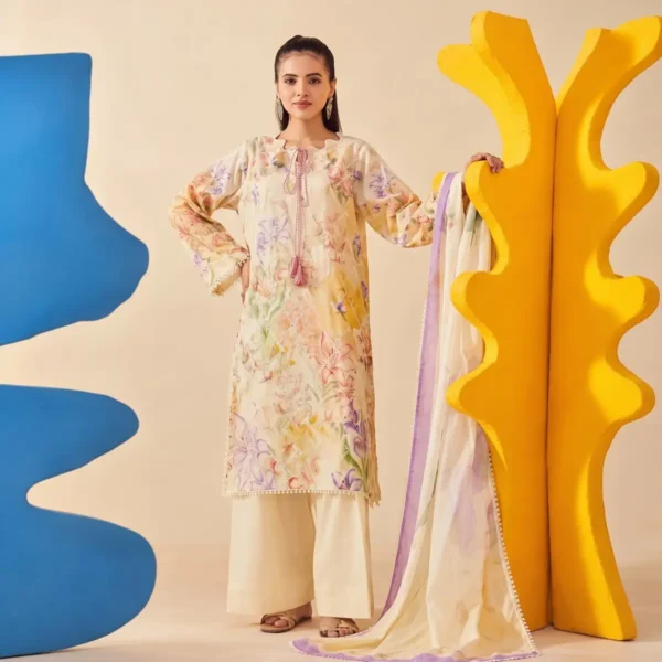 Exquisite buttercup floral lawn suit – 3-piece unstitched summer ensemble