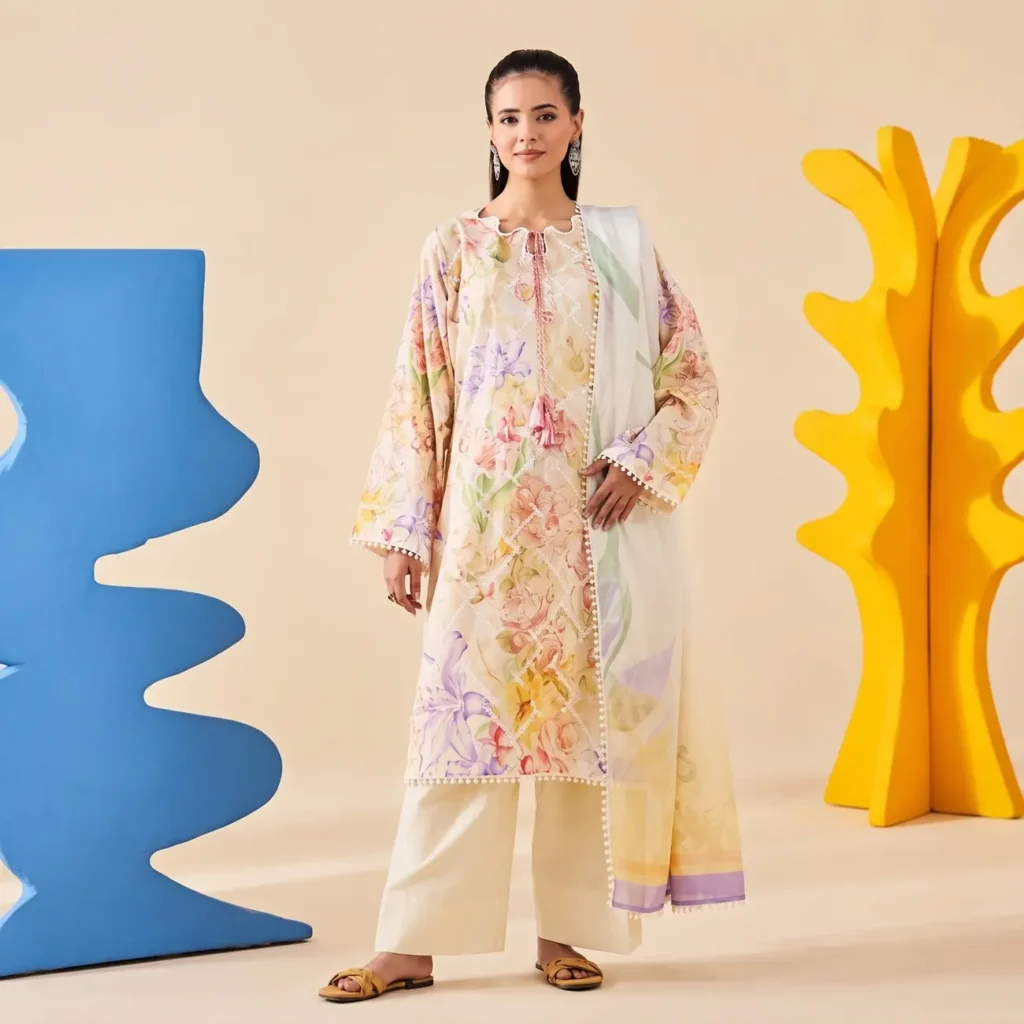 Exquisite buttercup floral lawn suit – shirt, dupatta and trouser flat lay