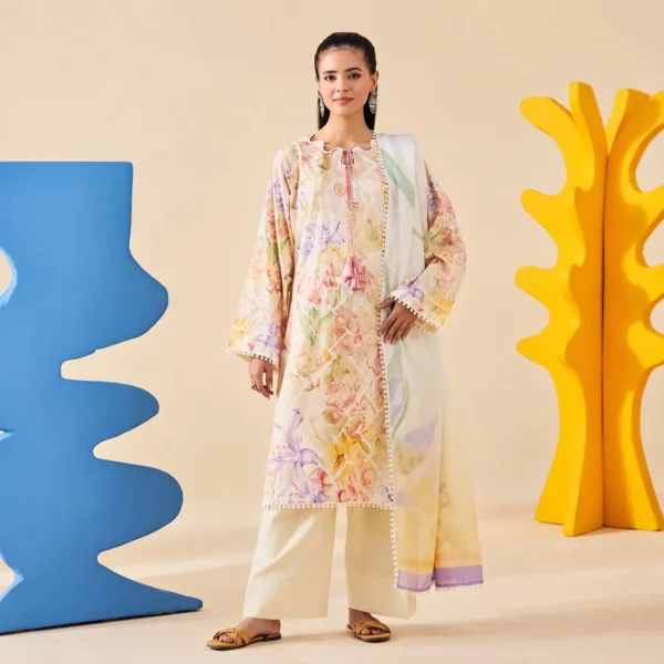 Exquisite buttercup floral lawn suit – shirt, dupatta and trouser flat lay
