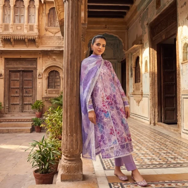 Royal Amethyst Printed Lawn Ensemble dupatta in violet and amethyst floral print