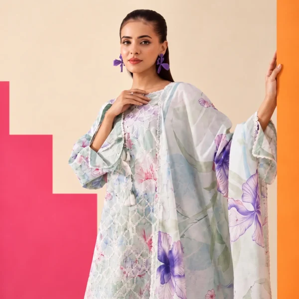 Mint Iris Embroidered Lawn Ensemble dupatta in watercolor iris print