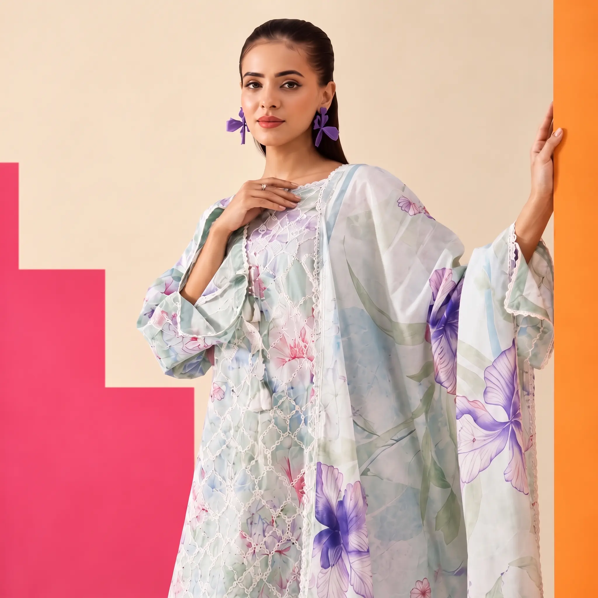 Mint Iris Embroidered Lawn Ensemble dupatta in watercolor iris print