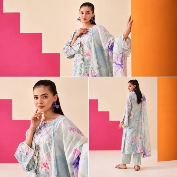 Mint Iris Embroidered Lawn Ensemble styled with tailored trousers