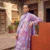 Royal Amethyst Printed Lawn Ensemble shirt detail with schiffli lace trim