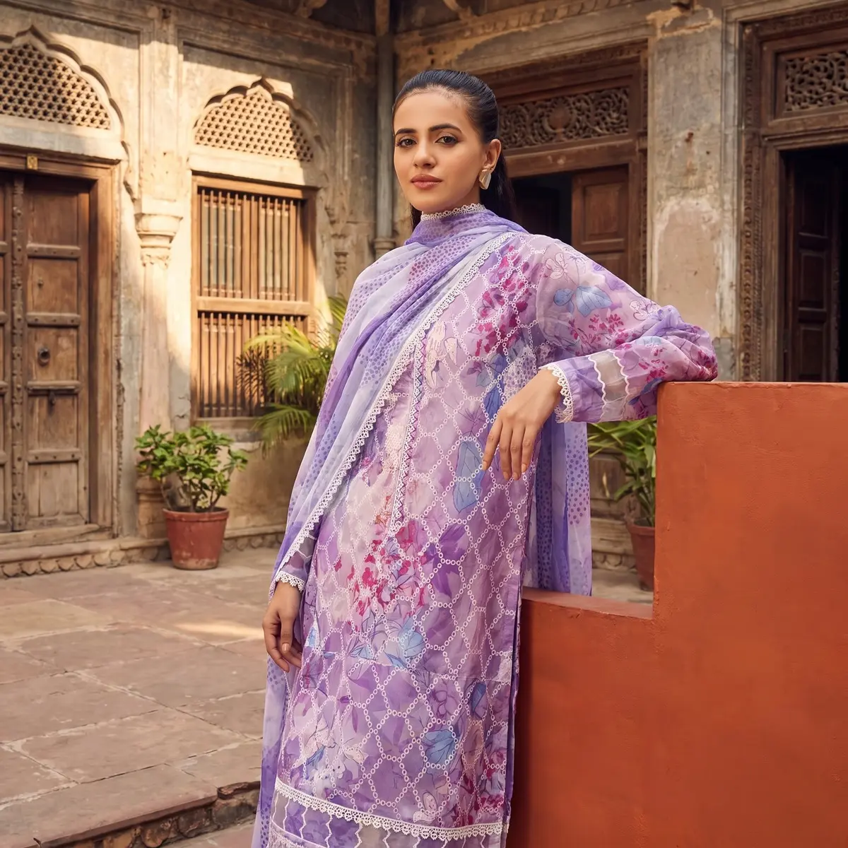 Royal Amethyst Printed Lawn Ensemble shirt detail with schiffli lace trim