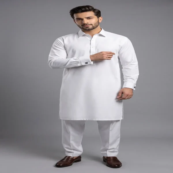 Man wearing classic white Egyptian cotton shalwar kameez