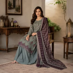 Bin Saeed embroidered lawn suit ash grey plum – festive 3-piece unstitched suit