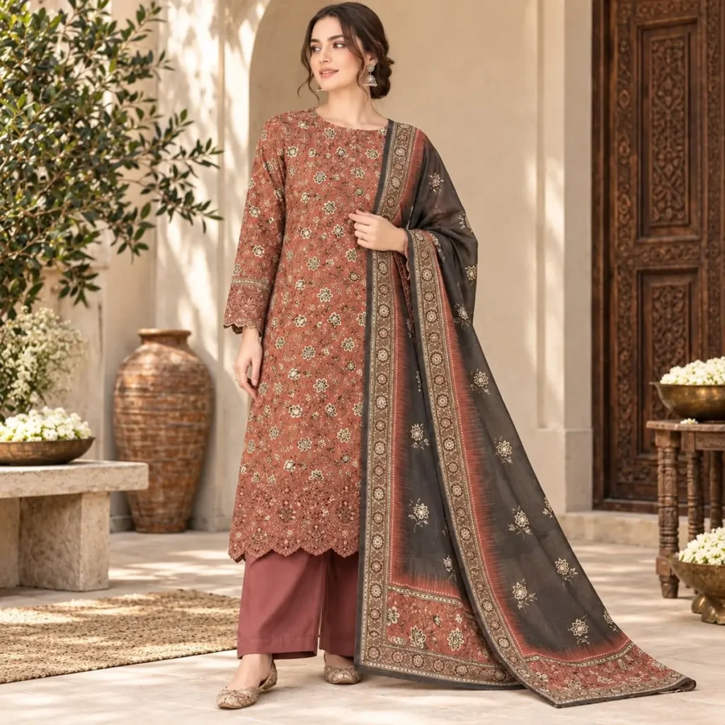 Bin Saeed embroidered lawn suit rust charcoal – festive 3-piece unstitched suit