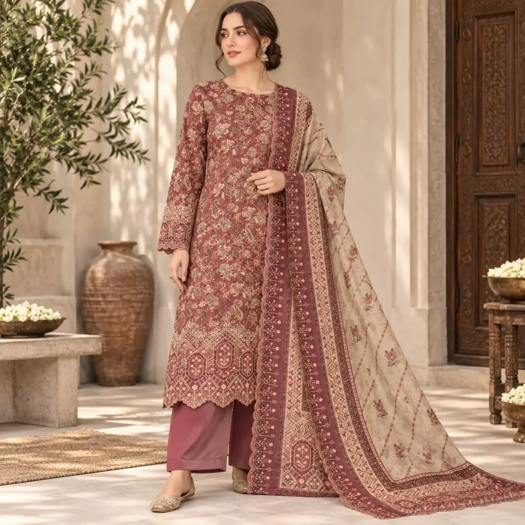 Bin Saeed embroidered lawn suit dusty rose beige – festive 3-piece unstitched suit