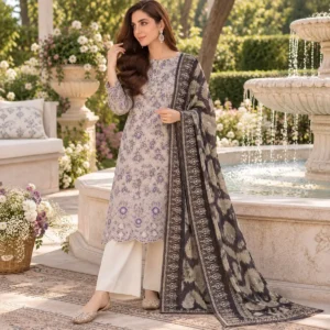 Bin Saeed embroidered lawn suit soft lilac charcoal – festive 3-piece unstitched suit