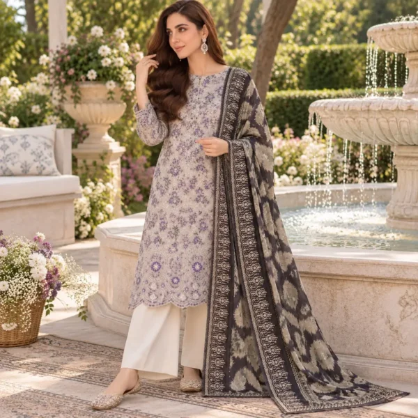 WhatsApp Image 2026-09-06 at 01.40.00 Bin Saeed embroidered lawn suit soft lilac charcoal – festive 3-piece unstitched suit