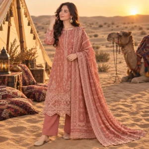 Bin Saeed embroidered lawn suit desert rose peach – festive 3-piece unstitched suit