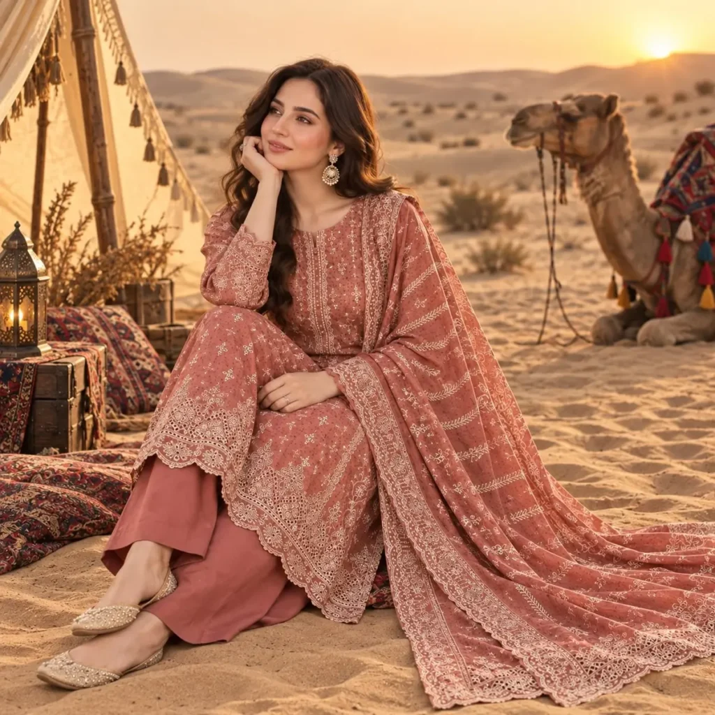 Bin Saeed embroidered lawn suit desert rose peach – tone-on-tone embroidery detail