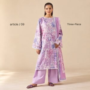 Lavender lawn suit 3-piece printed set front view - ChicZiba Article 09