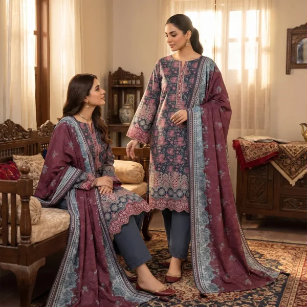 Woman_wearing_Shalvar_Kameez_2K_202609060104 Bin Saeed Embroidered Lawn Suit Charcoal Slate Wine – Exclusive & Elegant 3-Piece Festive Wear