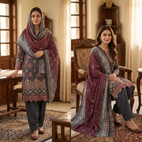 Woman_wearing_Shalvar_Kamis_outfit_2K_202609060104 Bin Saeed Embroidered Lawn Suit Charcoal Slate Wine – Exclusive & Elegant 3-Piece Festive Wear