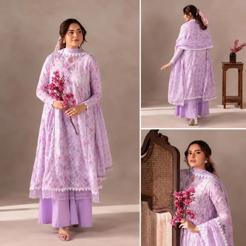 Flore lavender bloom chikankari suit – diamond-pattern embroidery and keyhole neckline detail