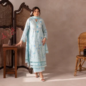 ChicZiba Flore Ice Blue Chikankari Embroidered 3-Piece Suit