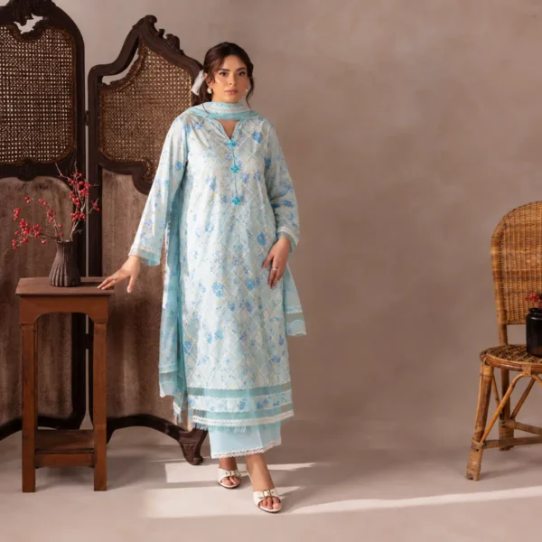 Flore ice blue chikankari suit – 3-piece unstitched embroidered ensemble