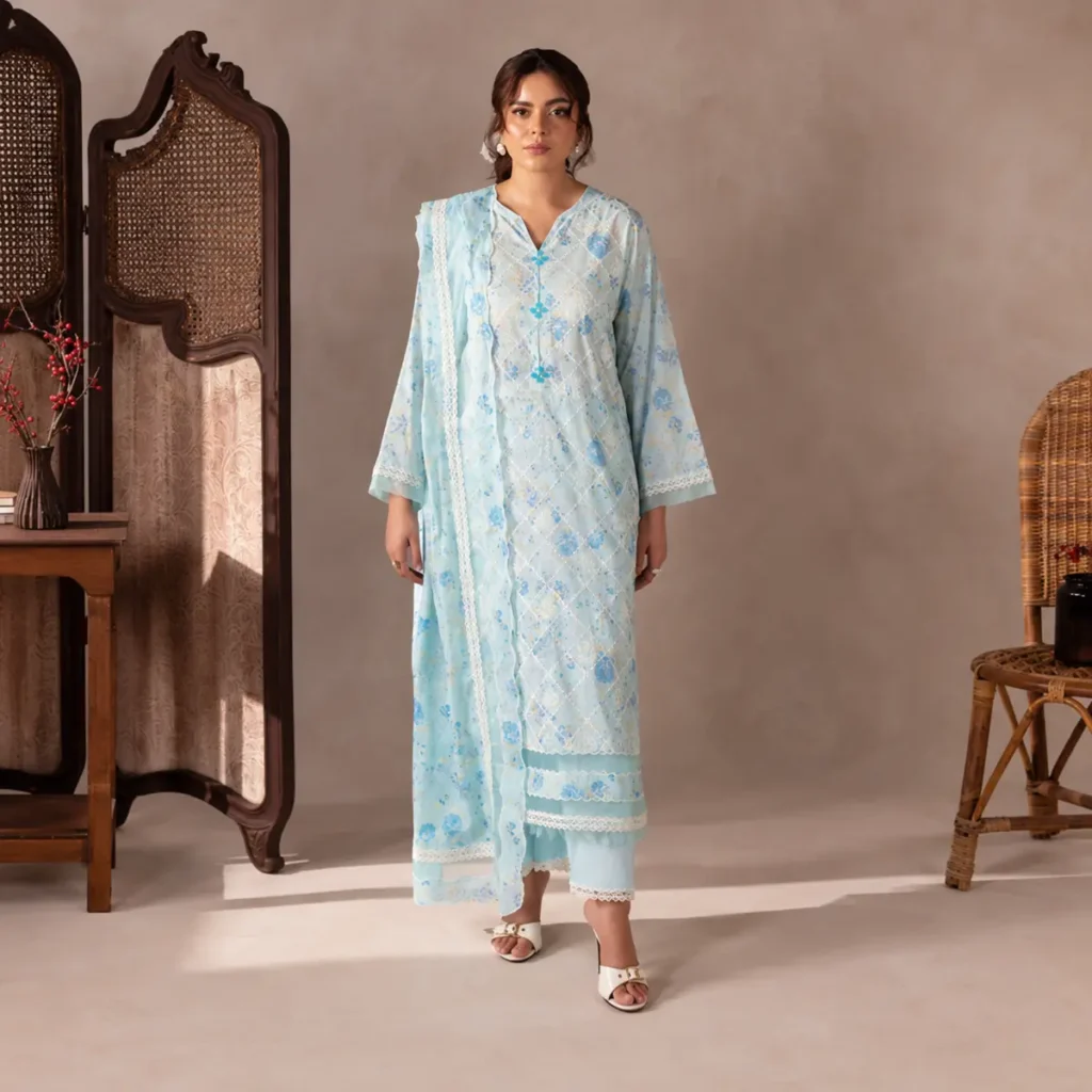 Flore ice blue chikankari suit – shirt, dupatta and trouser flat lay
