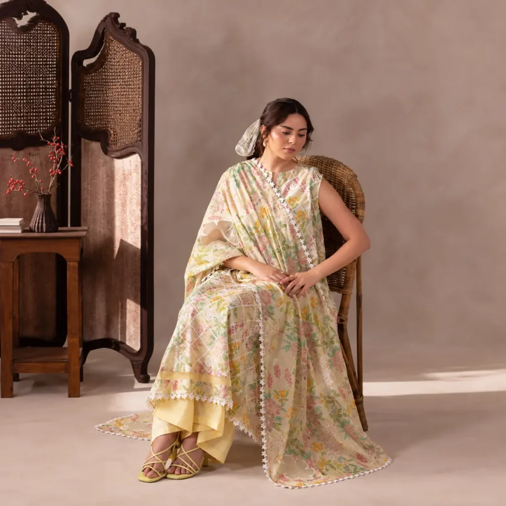 Flore pastel bloom chikankari suit – diamond lattice embroidery detail