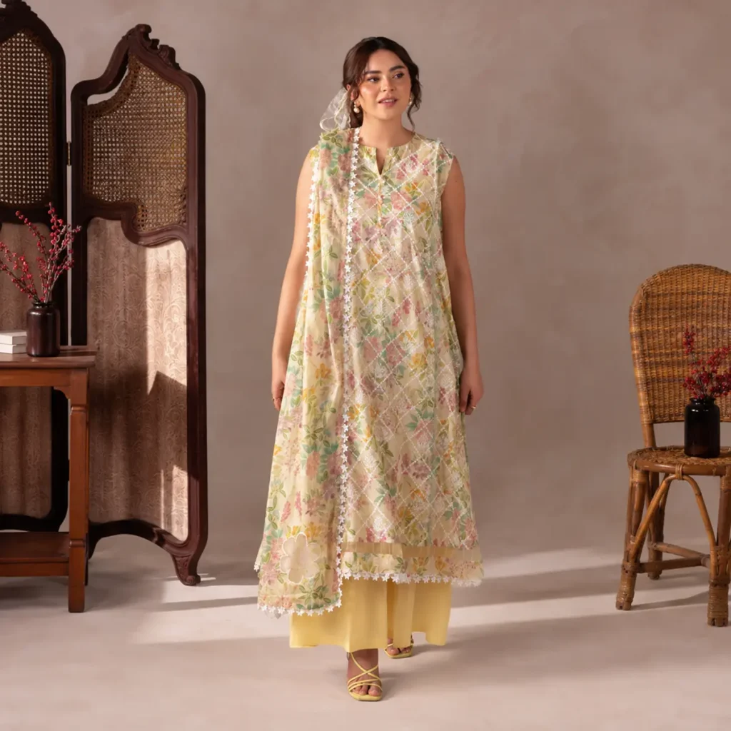 Flore pastel bloom chikankari suit – shirt, dupatta and trouser flat lay