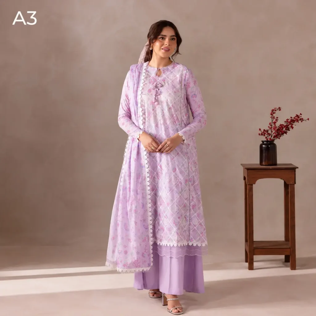 Flore lavender bloom chikankari suit – shirt, dupatta and trouser flat lay